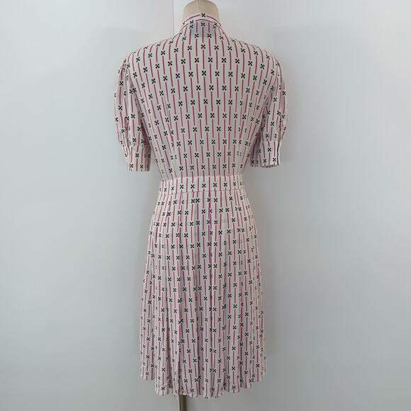 Prada Short-Sleeve Pleated Dress Knee-Length White Pink Striped Print 40 (US 4) - Picture 8 of 16